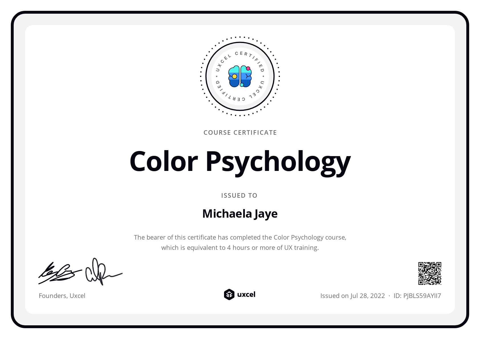Michaela Jaye's certificate